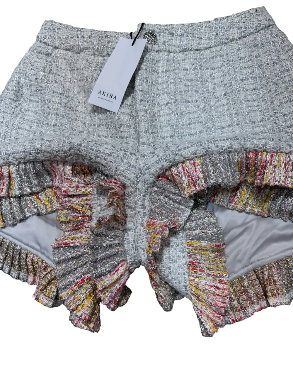 AKIRA Womens L Tweed Ruffle Shorts Metallic Sequin Multicolor High Waist NWT